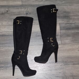 Black Knee-High Buckle Platform Boots By Guess - Women's 6 1/2